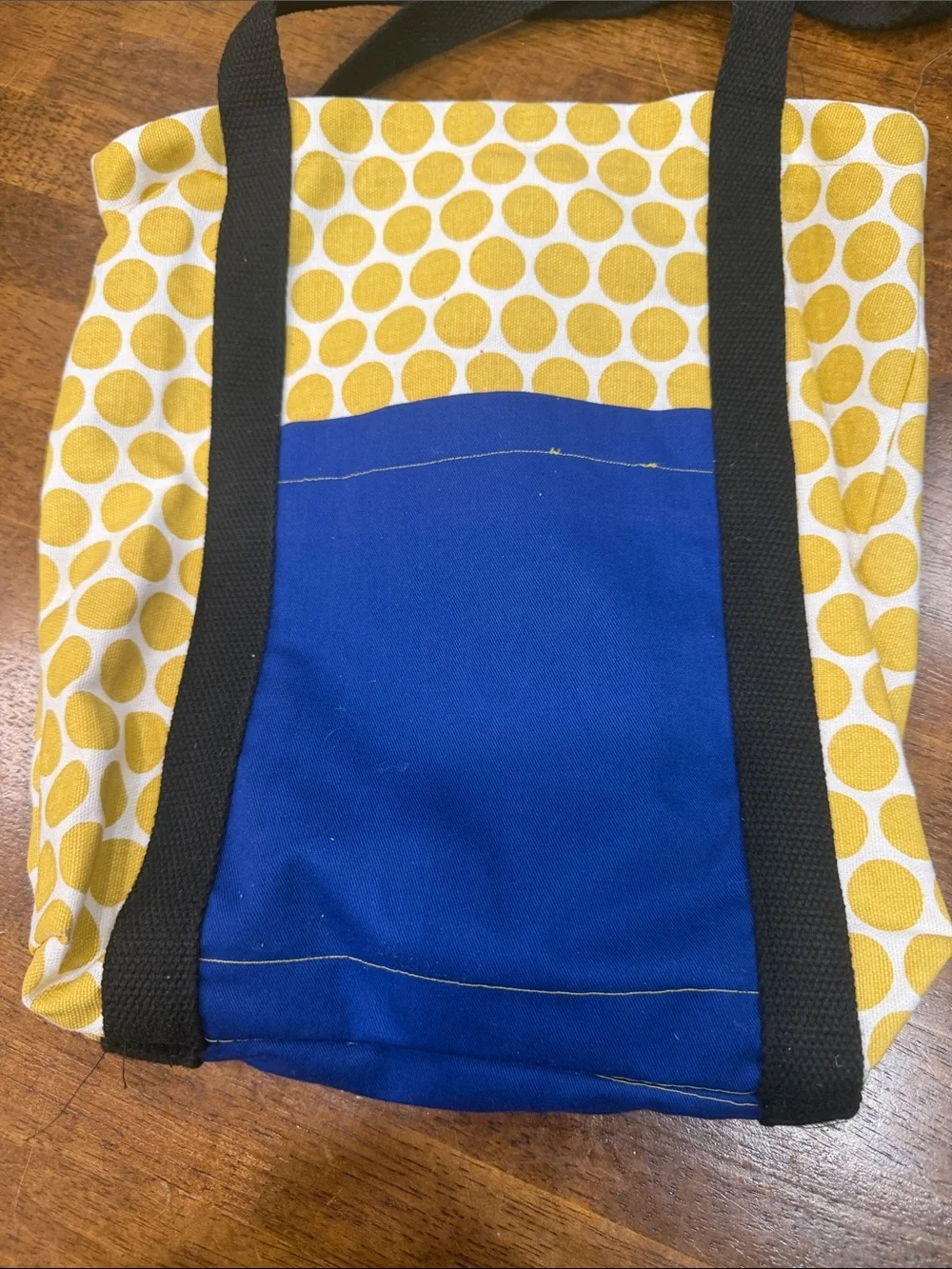 Polka Dot Yellow & Blue Canvas Tote with Black Straps